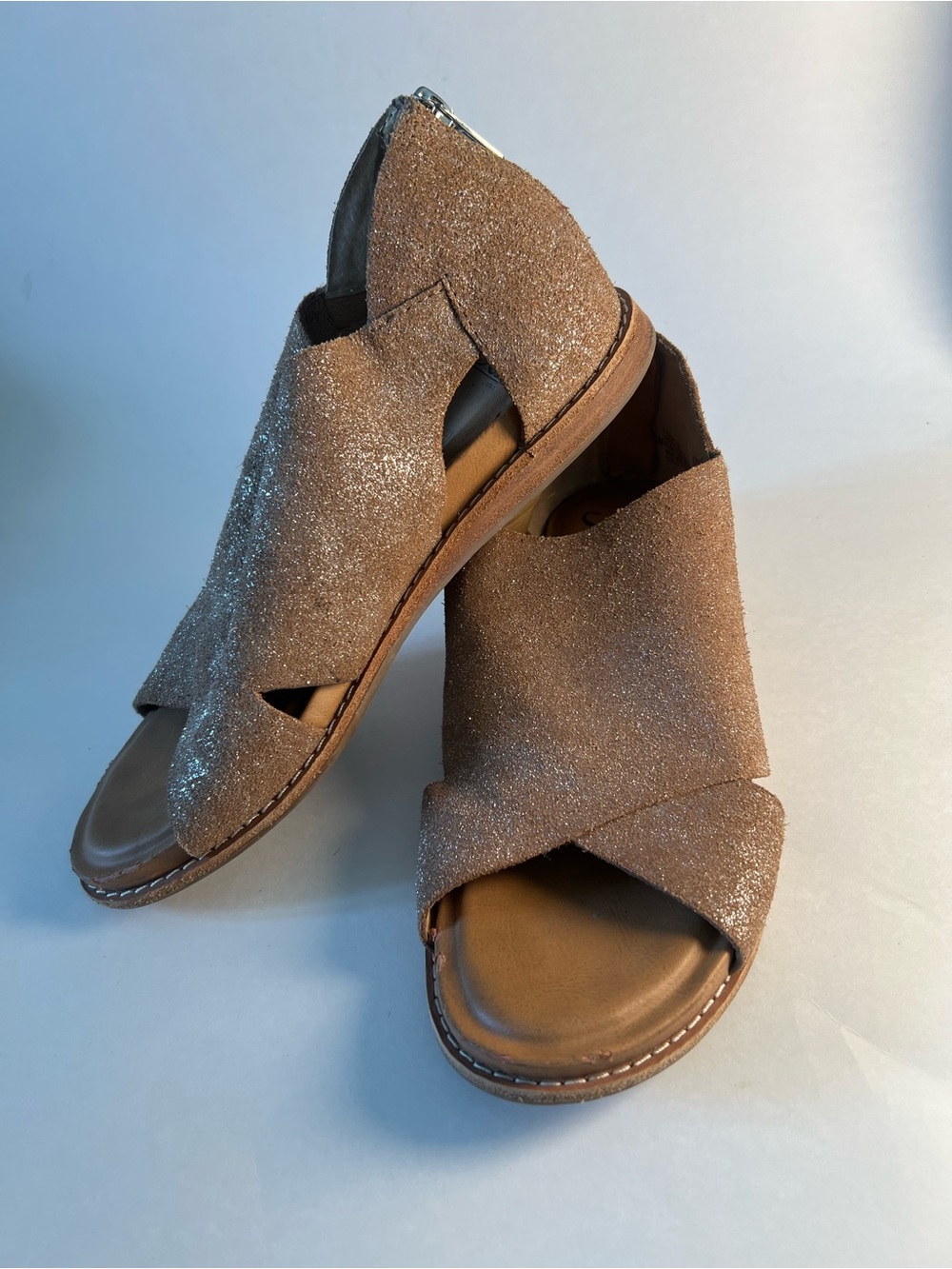 Sofft Carleigh Taupe Glitter Open-Toe Slingback Block Heel Sandal Size 7.5